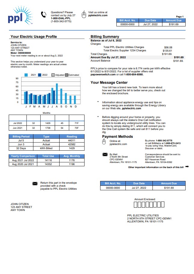 USA Philadelphia PPL utility bill template in Word and PDF format